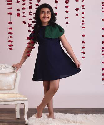 Navy cotton woven dress For Girls 2