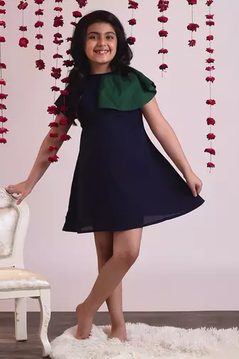 Navy cotton woven dress For Girls