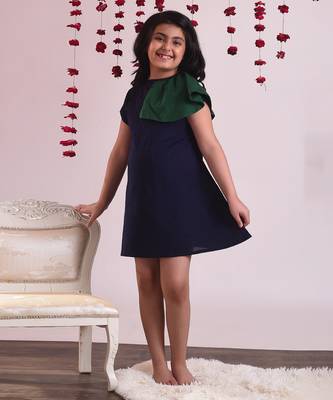 Navy cotton woven dress For Girls 3