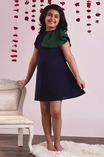 Navy cotton woven dress For Girls