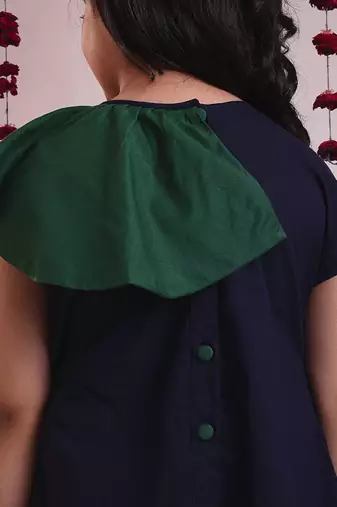 Navy cotton woven dress For Girls