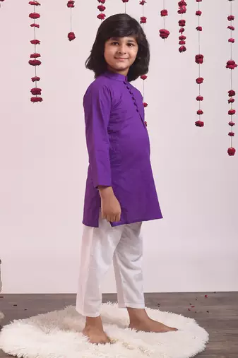 Violet cotton woven boys kurta pyjama set
