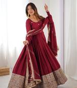 Maroon chinon anarkali set with heavy border & dupatta set