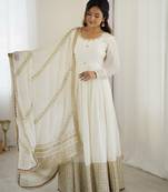 white chinon anarkali set with heavy border & dupatta set