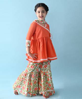 Orange cotton woven girls kurta pant set 1