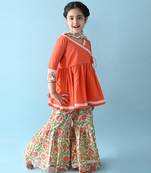 Orange cotton woven girls kurta pant set