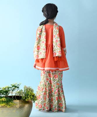 Orange cotton woven girls kurta pant set 2
