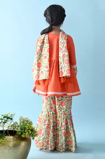 Orange cotton woven girls kurta pant set