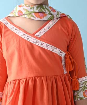 Orange cotton woven girls kurta pant set 3