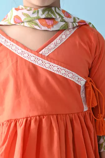 Orange cotton woven girls kurta pant set