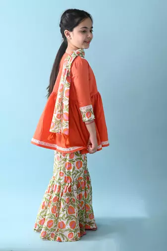 Orange cotton woven girls kurta pant set