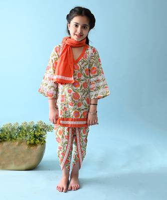 Orange cotton woven girls kurta & dhoti set 1