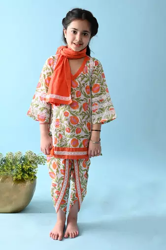 Orange cotton woven girls kurta & dhoti set
