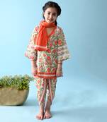 Orange cotton woven girls kurta & dhoti set