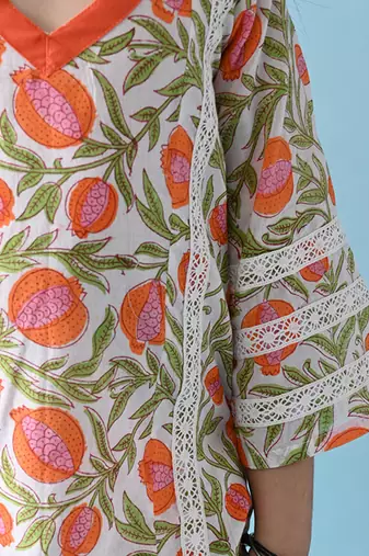 Orange cotton woven girls kurta & dhoti set