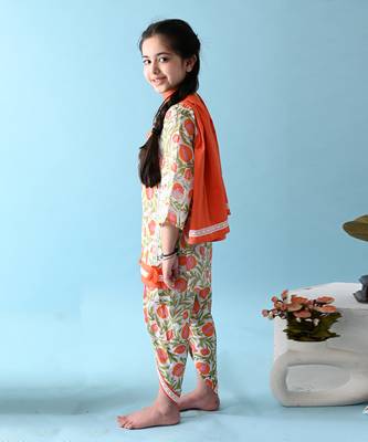Orange cotton woven girls kurta & dhoti set 3