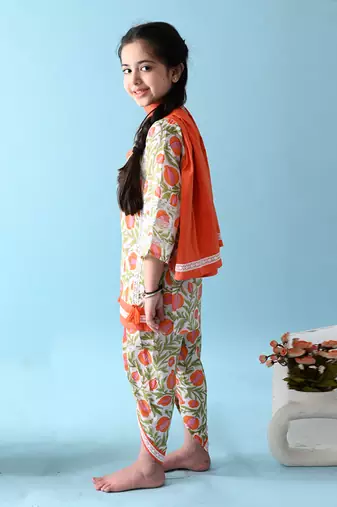 Orange cotton woven girls kurta & dhoti set