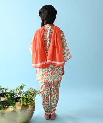 Orange cotton woven girls kurta & dhoti set 4
