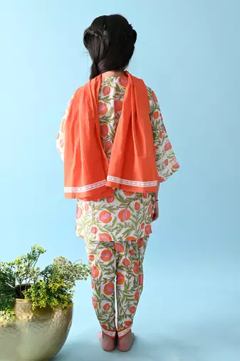 Orange cotton woven girls kurta & dhoti set