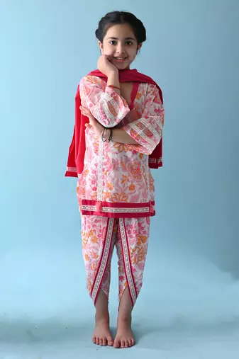 Pink cotton woven girls kurta & dhoti set