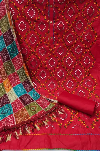 Traditional mirror work embroidered cotton dress material with multicolor bandhani dupatta