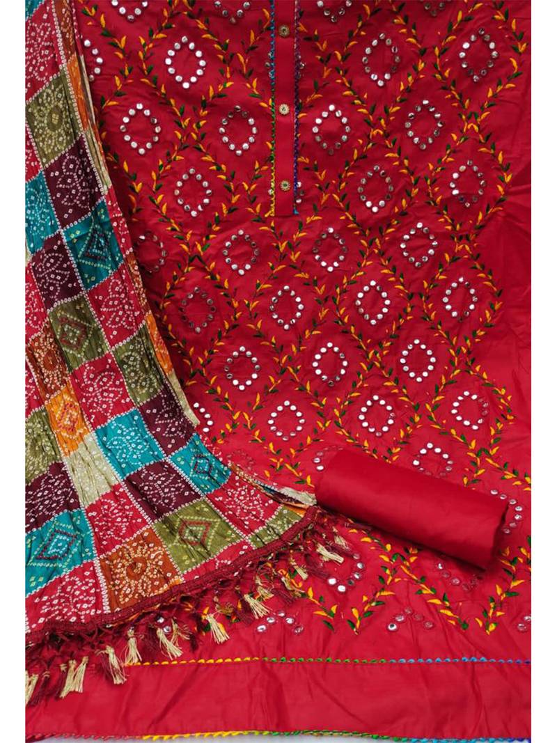 Traditional mirror work embroidered cotton dress material with multicolor bandhani dupatta