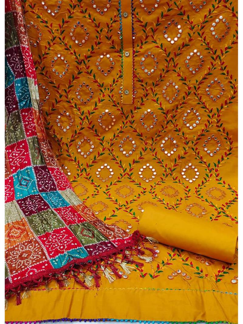 Traditional mirror work embroidered cotton dress material with multicolor bandhani dupatta