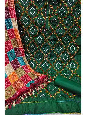Traditional mirror work embroidered cotton dress material with multicolor bandhani dupatta 2
