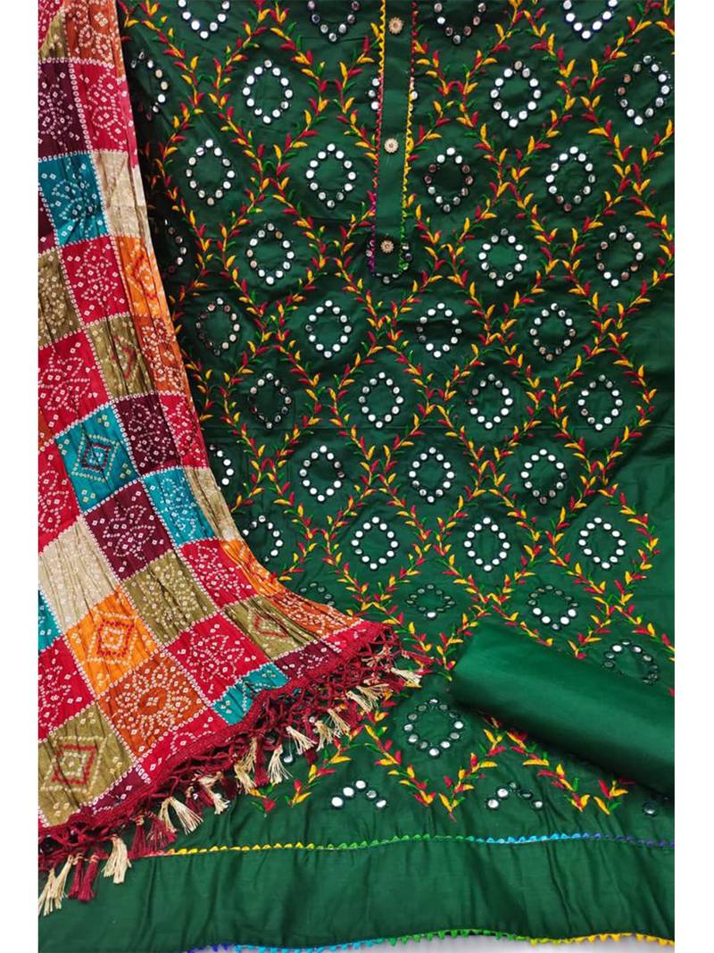 Traditional mirror work embroidered cotton dress material with multicolor bandhani dupatta
