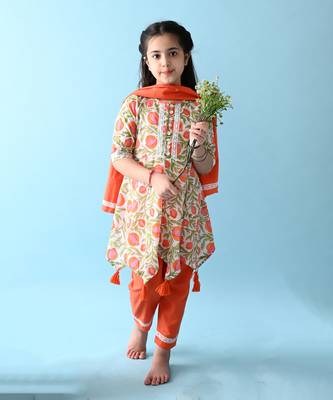 Orange cotton woven girls kurta & pant with dupatta 1