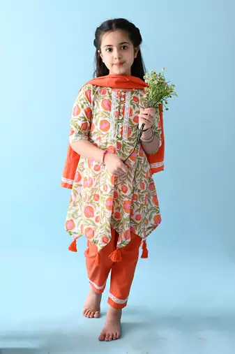 Orange cotton woven girls kurta & pant with dupatta