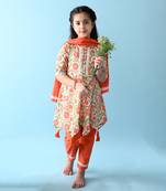 Orange cotton woven girls kurta & pant with dupatta