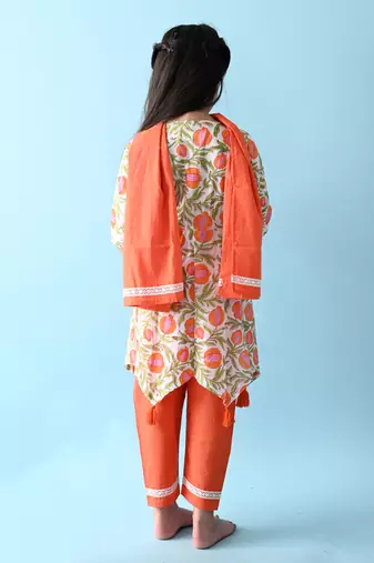 Orange cotton woven girls kurta & pant with dupatta