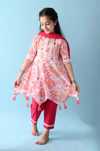 Pink cotton woven girls kurta & pant with dupatta