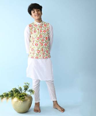 Multicolor woven cotton boys kurta pajama with vest 1