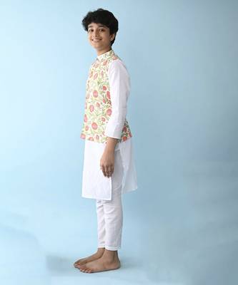 Multicolor woven cotton boys kurta pajama with vest 2