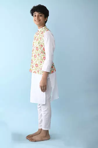 Multicolor woven cotton boys kurta pajama with vest