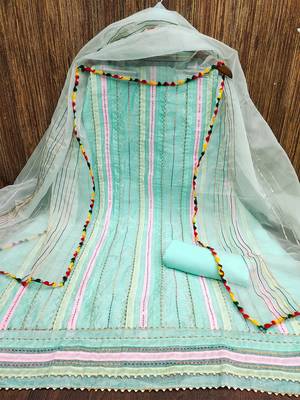 cream organza striped dress material with multicolor thread work dupatta 2