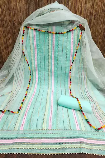 cream organza striped dress material with multicolor thread work dupatta