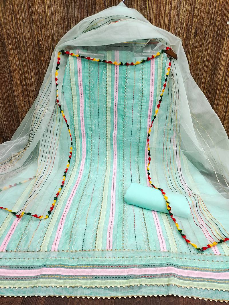 cream organza striped dress material with multicolor thread work dupatta