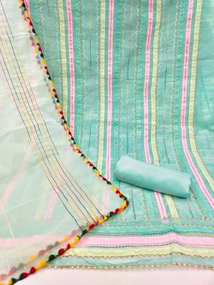 cream organza striped dress material with multicolor thread work dupatta 3