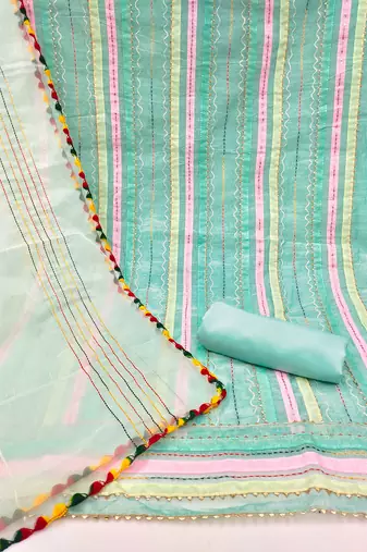 cream organza striped dress material with multicolor thread work dupatta