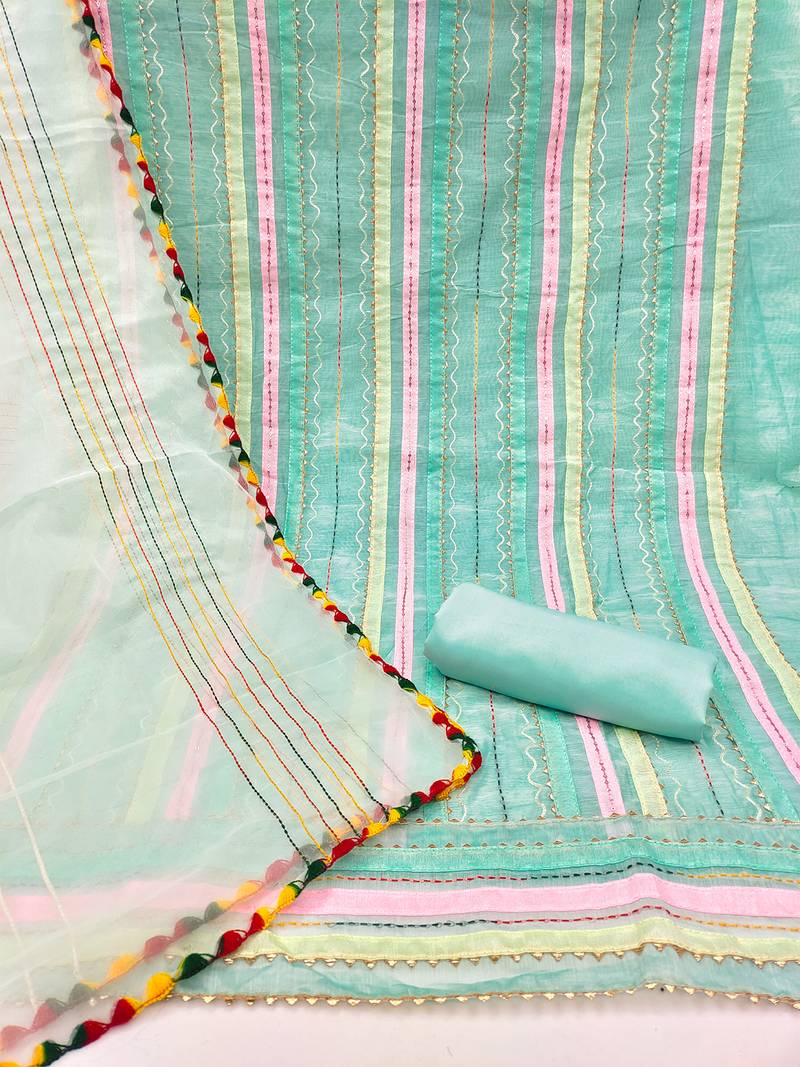 cream organza striped dress material with multicolor thread work dupatta