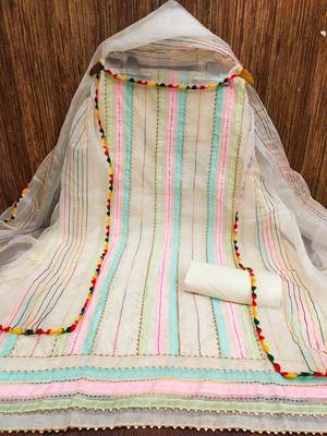 cream organza striped dress material with multicolor thread work dupatta 2