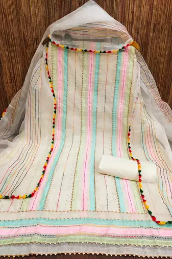 cream organza striped dress material with multicolor thread work dupatta