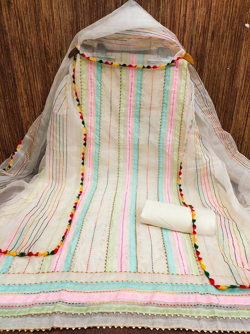 cream organza striped dress material with multicolor thread work dupatta