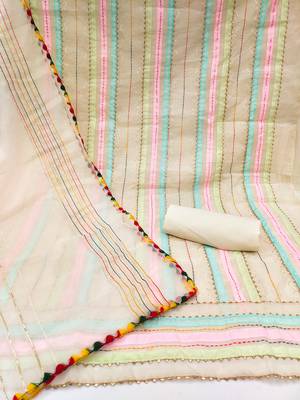cream organza striped dress material with multicolor thread work dupatta 3