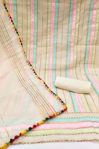 cream organza striped dress material with multicolor thread work dupatta