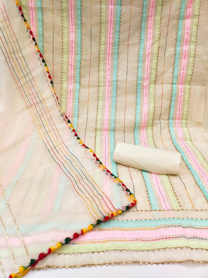 cream organza striped dress material with multicolor thread work dupatta