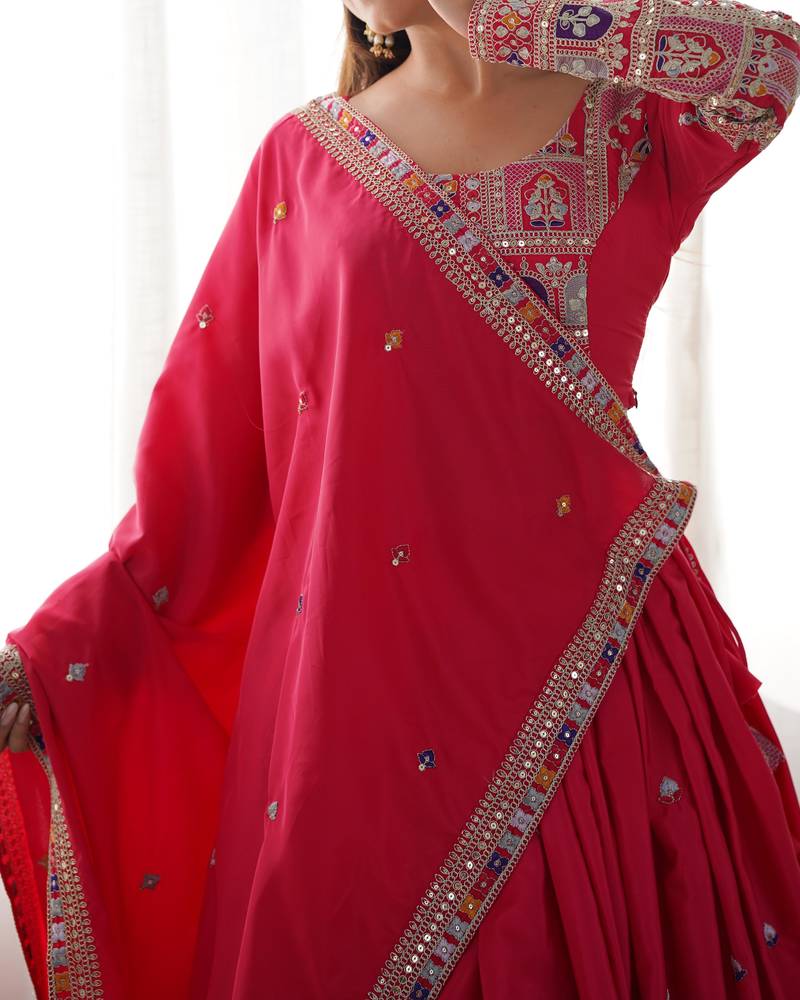 Pink  Sequin Silk Lehenga with Embroidered Blouse and Dupatta
